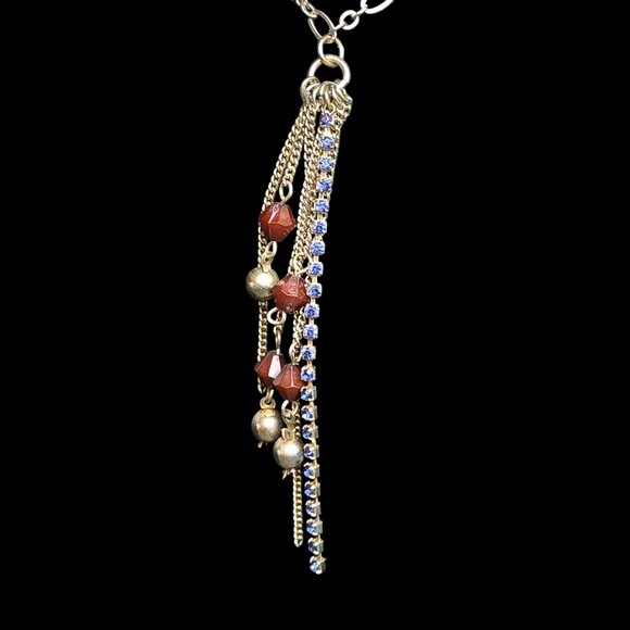 Boho Tassel Fashion Necklace Gold Brass Tone Brown Beads Blue Rhinestones 28" - Picture 4 of 7